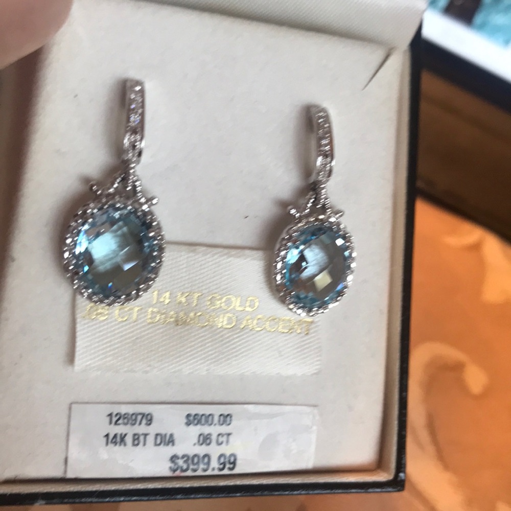 14K WHITE GOLD LARGE AQUAMARINE STONES PIERCED EARRINGS NWT - Picture 10 of 16